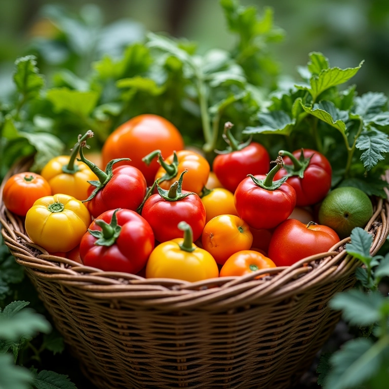 Colheita abundante de vegetais coloridos de uma horta doméstica.