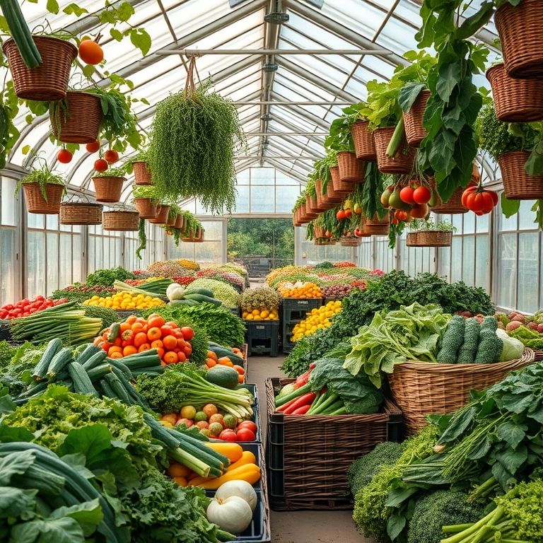 Colheita abundante de vegetais dentro de uma estufa.