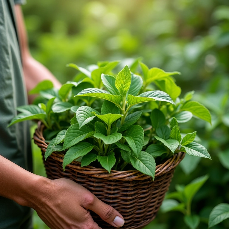 Colheita de folhas frescas de estévia em cesto de palha.