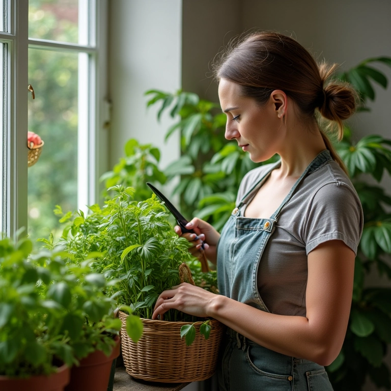 Colheita de temperos e hortaliças em apartamento.