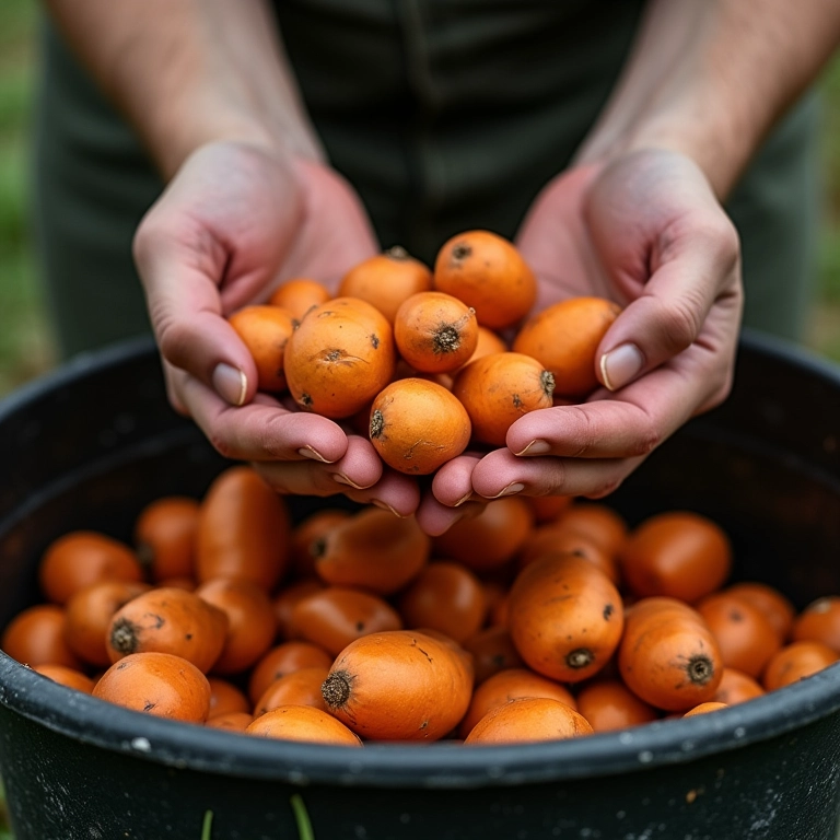 Colhendo batatas doces do vaso.