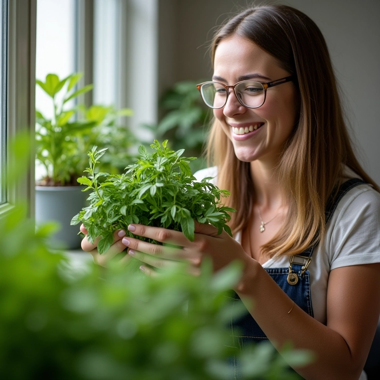Colhendo ervas frescas da horta em apartamento.