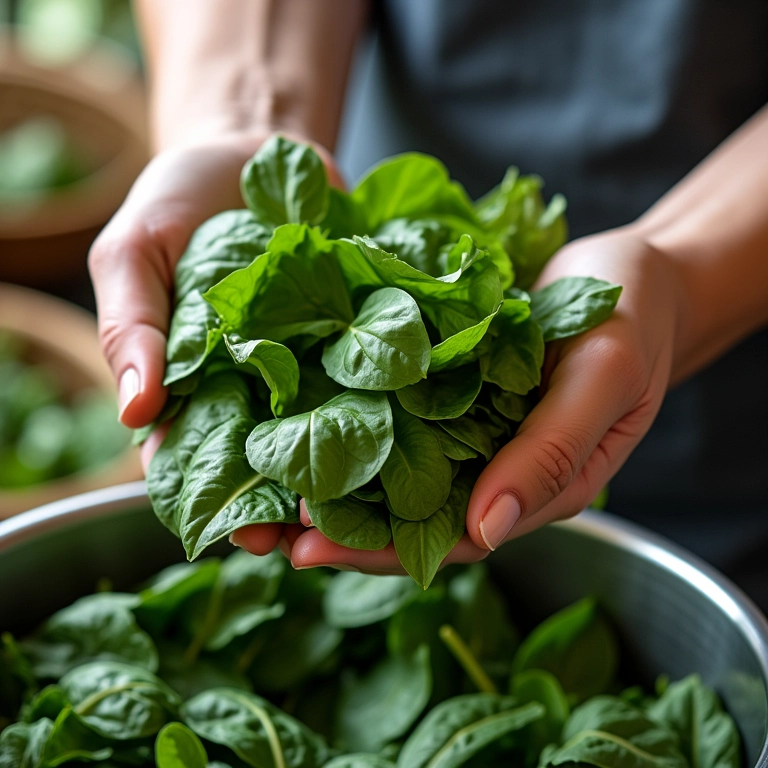 Colhendo espinafre fresco em vaso.
