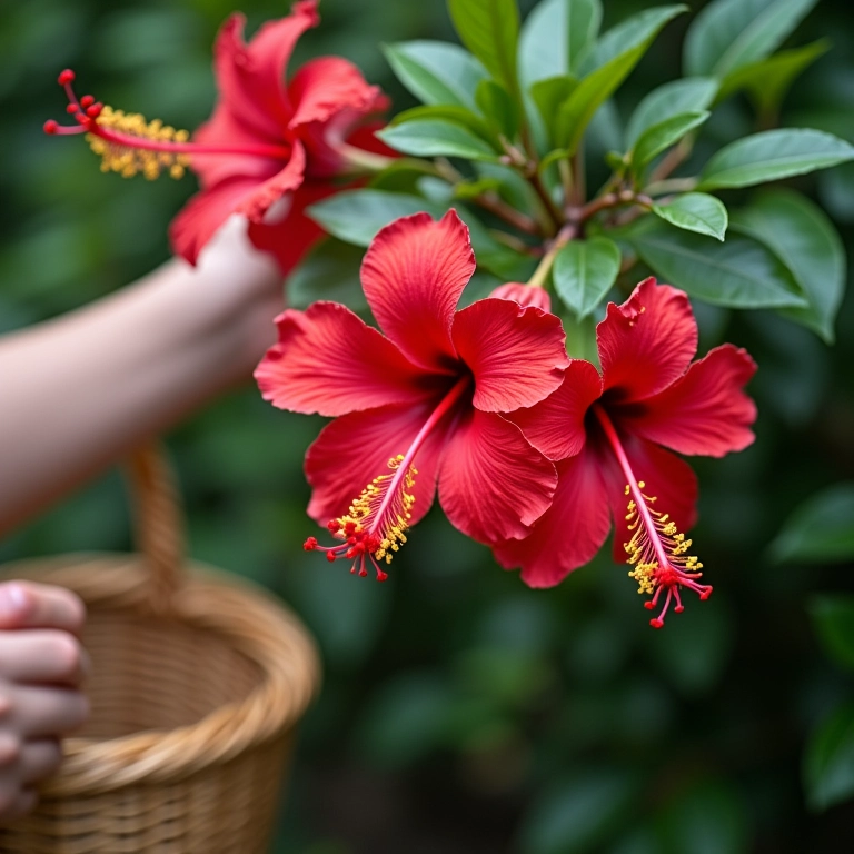 Colhendo flores de hibisco maduras em um dia ensolarado.