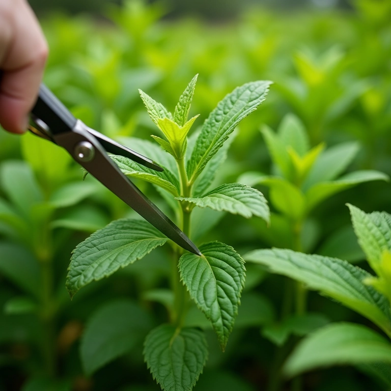 Colhendo folhas de erva cidreira com tesoura.