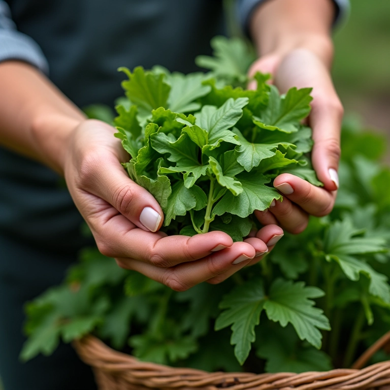 Colhendo folhas frescas de peixinho da horta em uma cesta.