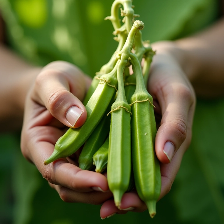 Colhendo quiabos maduros da horta.