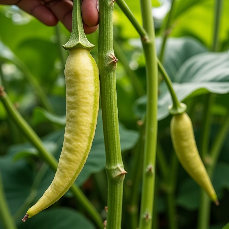 Colhendo quiabos maduros no tempo certo.