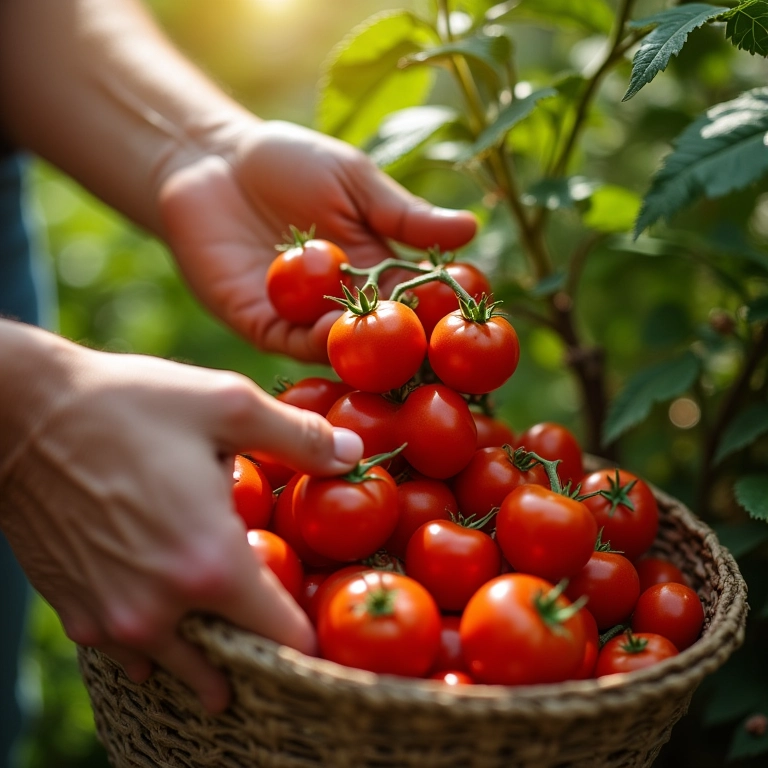 Colhendo tomates cereja maduros do vaso.