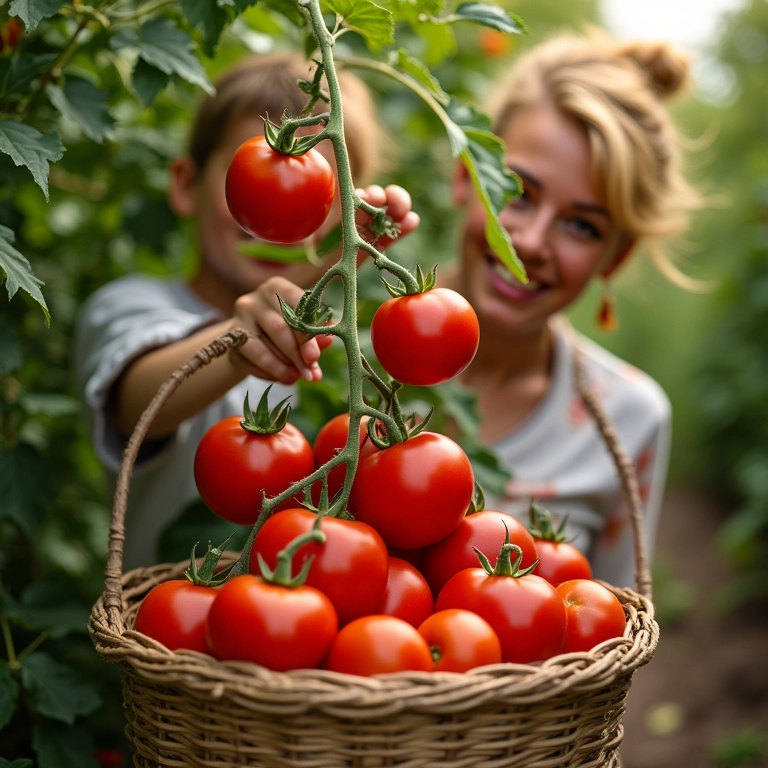 Colhendo tomates italianos maduros em vaso.