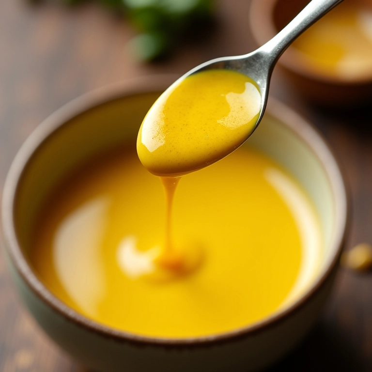 Colher de mostarda Dijon sendo adicionada a um molho de salada.