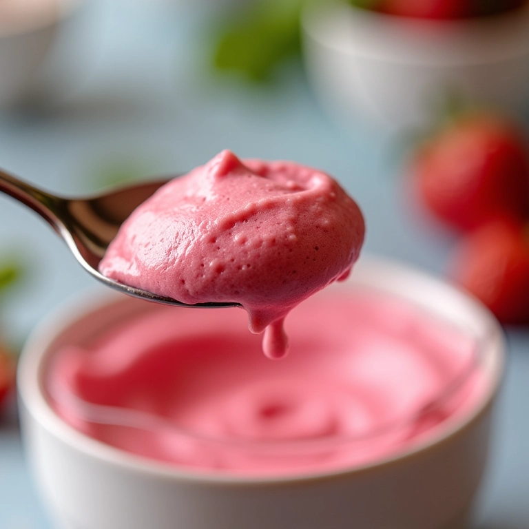 Colherada cremosa de mousse de frutas, textura irresistível.
