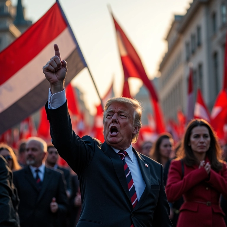 Comício político moderno com ecos de retórica fascista, divisão e bandeiras.