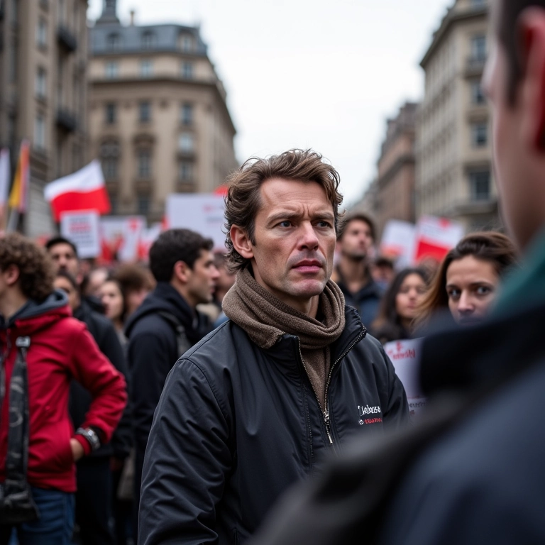 Comício político moderno com manifestantes em confronto, ecoando retórica fascista em sinais e discursos.