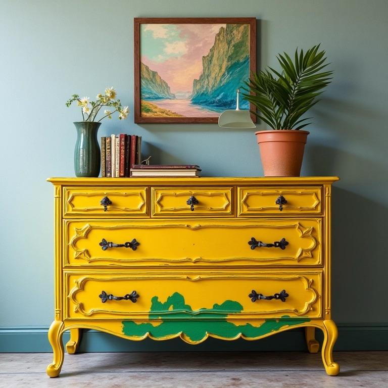 Cômoda restaurada com pintura vibrante, demonstrando o conceito 'do lixo ao luxo'.
