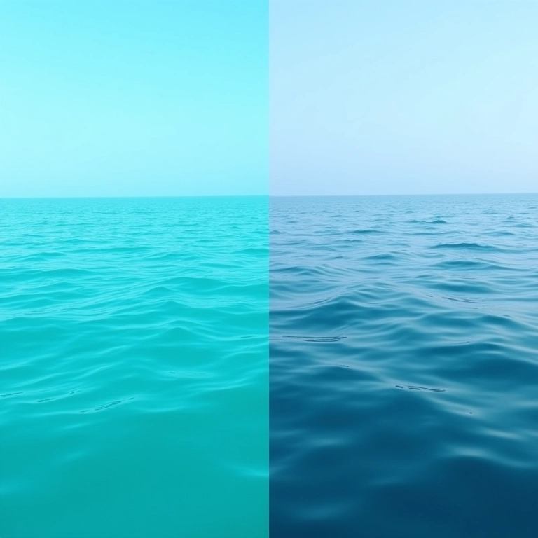Comparação das cores do oceano em diferentes partes do mundo: Caribe turquesa vs. Mar do Norte cinza-azulado.