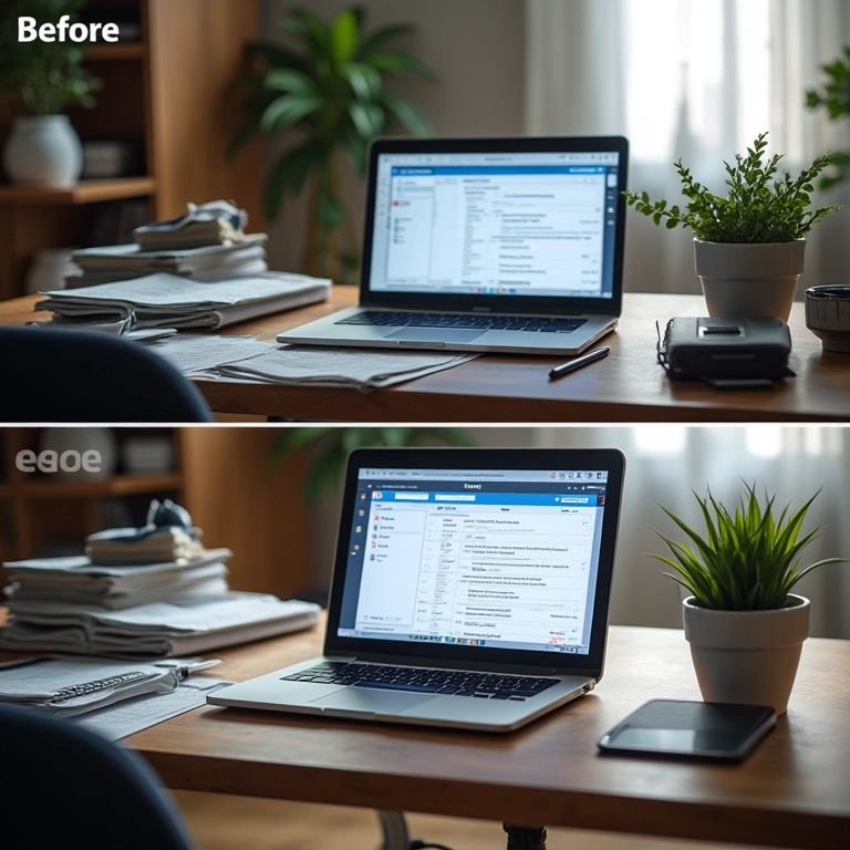 Comparação de mesa desorganizada e organizada após usar software financeiro.