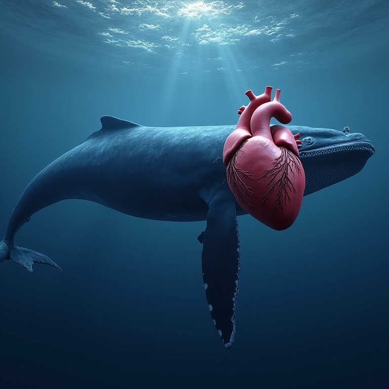 Comparação do tamanho do coração da baleia azul com o humano.