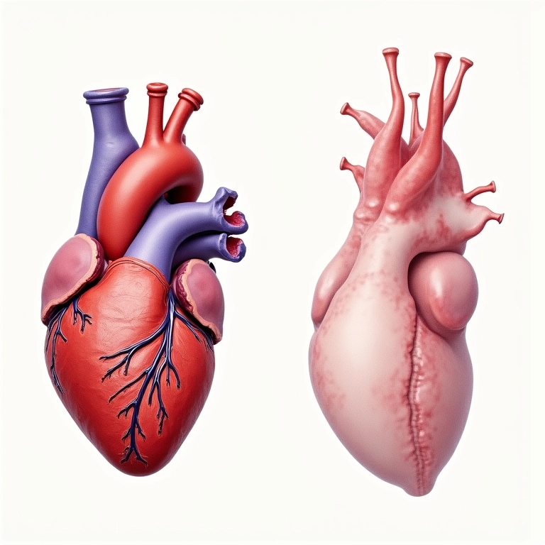 Comparação entre o coração humano e os três corações da lula.