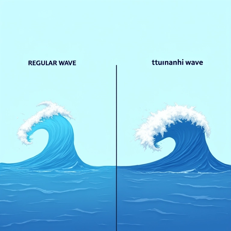 Comparação entre onda normal e onda de tsunami: tamanho e velocidade.