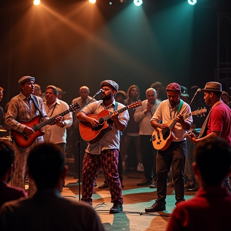 Comparação entre os estilos musicais samba e pagode com bandas diversas.