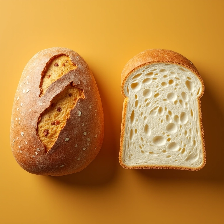 Comparação entre pão integral e pão branco, mostrando suas diferenças visuais.
