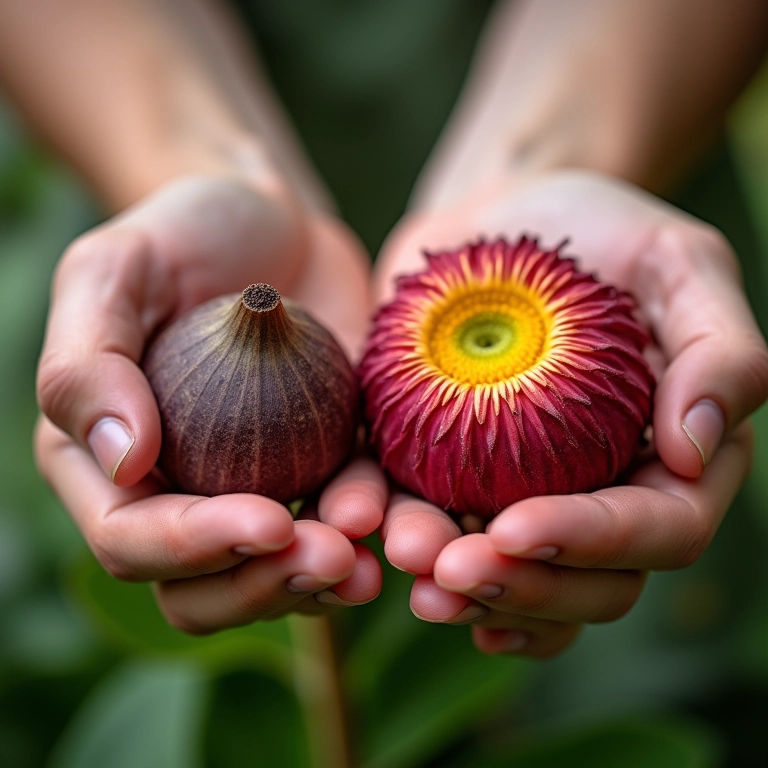 Comparação entre tubérculos e sementes de dália.