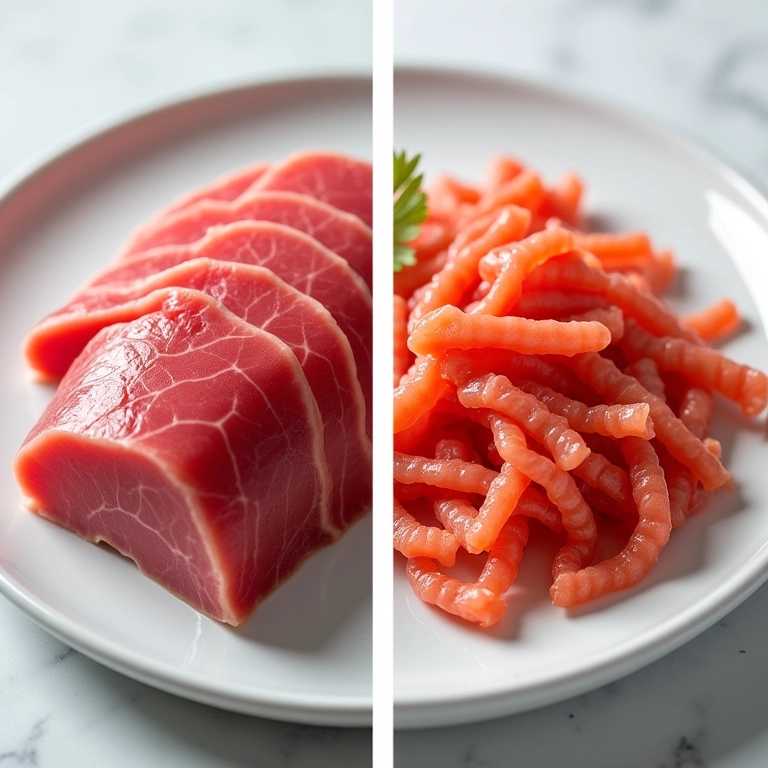 Comparação lado a lado de atum sólido e atum ralado em pratos brancos.