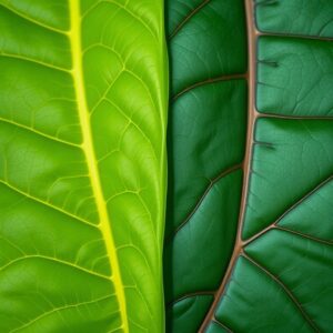 Comparação lado a lado de folhas de taioba mansa e brava, destacando suas diferenças visuais.