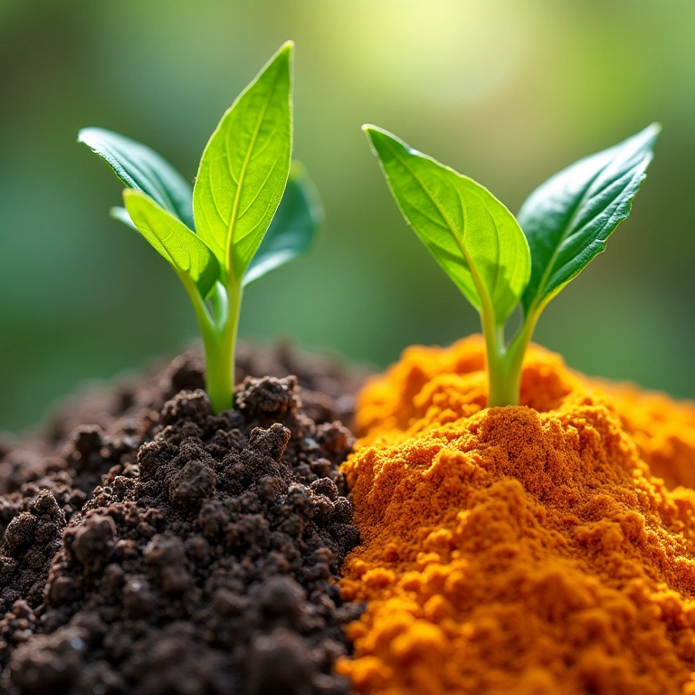 Comparação lado a lado de matéria orgânica e adubo orgânico, ilustrando a diferença entre eles.