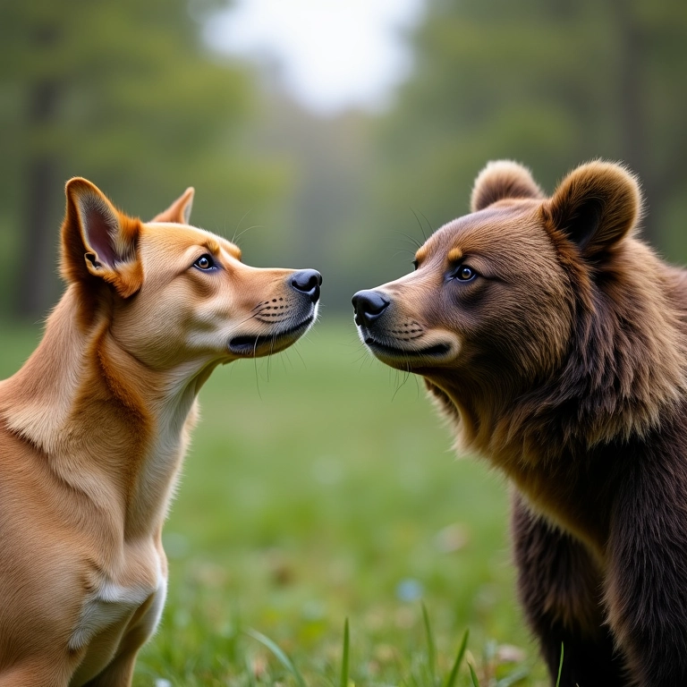 Comparação olfativa: cão e urso lado a lado farejando.