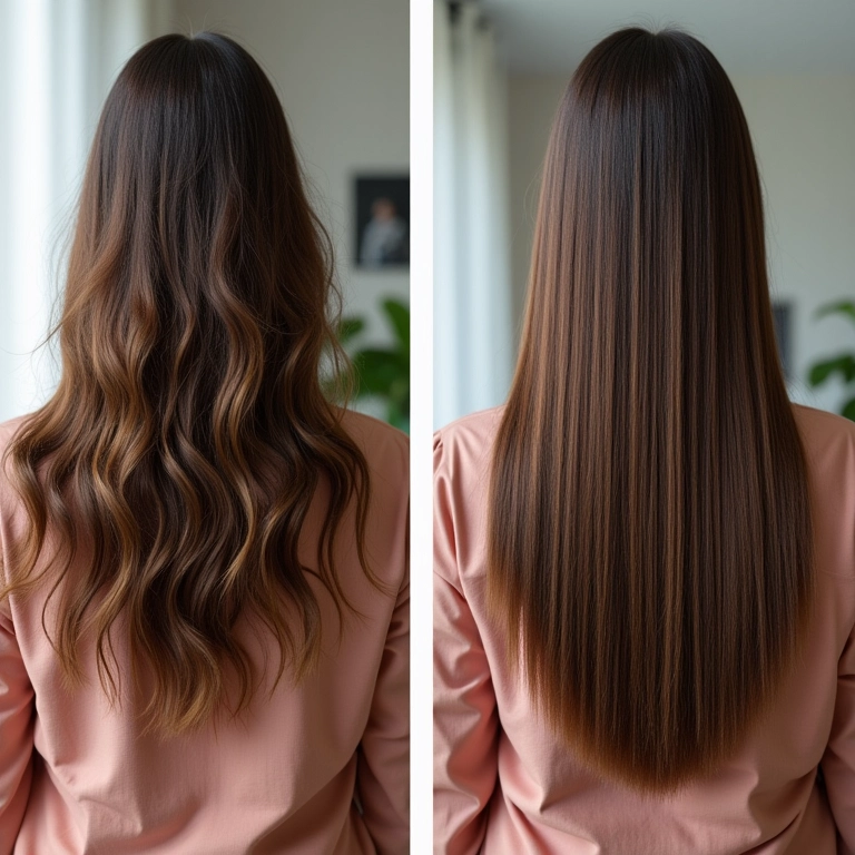 Comparativo: Cabelo com frizz antes e cabelo selado, liso e brilhante depois.