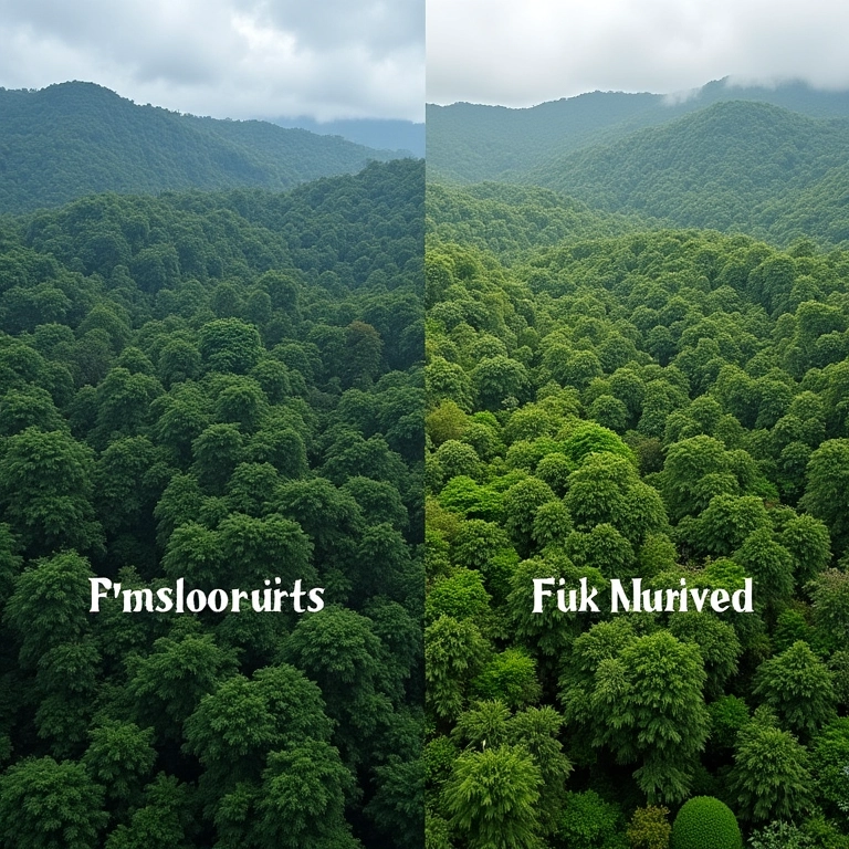 Comparativo entre floresta preservada e área desmatada, conceito de turismo ecológico vs sustentável.