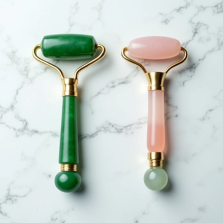 Comparativo lado a lado de jade roller e gua sha em fundo de mármore.