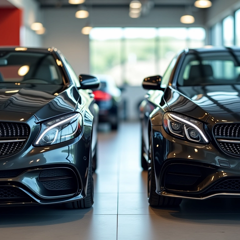 Comparativo lado a lado de um carro antigo e um seminovo em concessionária.