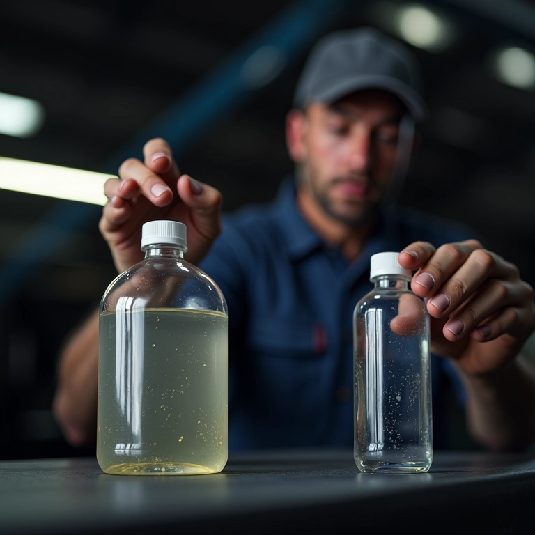 Comparativo visual entre fluido de freio novo e usado.