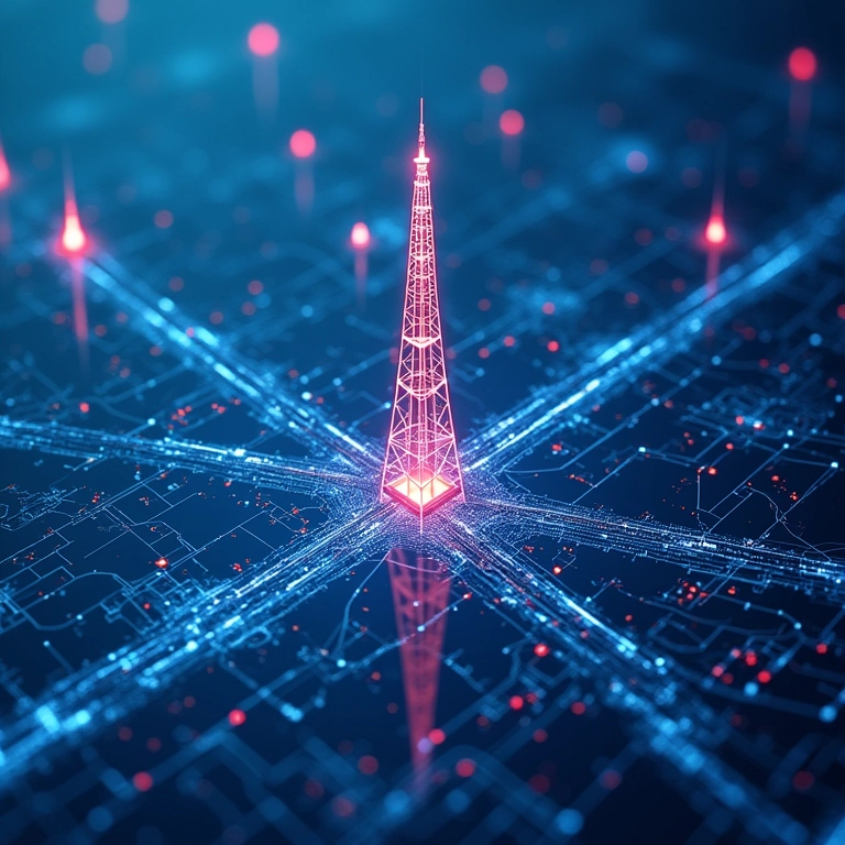 Componentes da rede 5G: torres e cabos de fibra óptica.