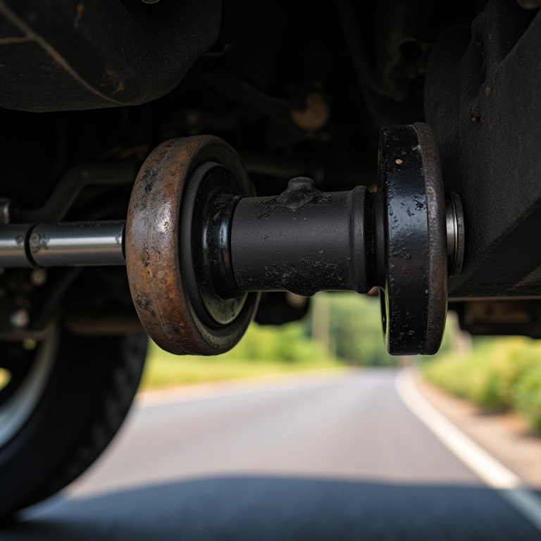 Componentes da suspensão desgastados com buchas danificadas.