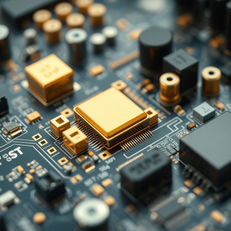 Componentes de ouro em uma placa de circuito, ilustrando o uso do ouro na tecnologia.