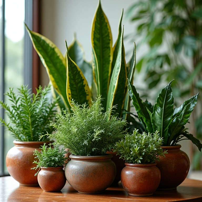 Composição criativa de plantas em vasos de cerâmica.