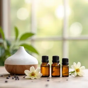 Composição de aromaterapia com óleos essenciais, difusor e flores.
