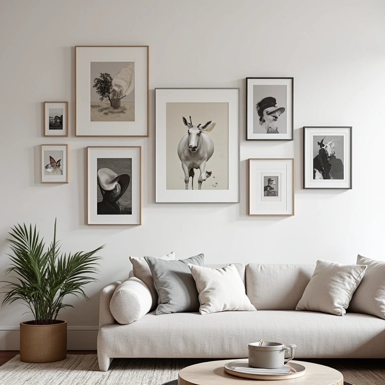 Composição de quadros diversos em parede de sala moderna.