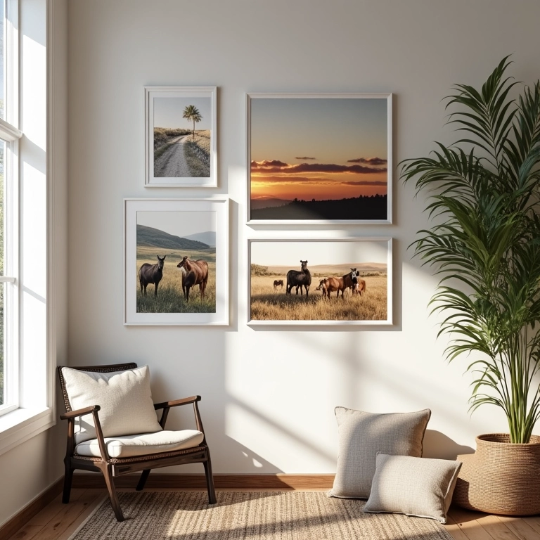 Composições criativas: galeria de parede com quadros e telas variadas.