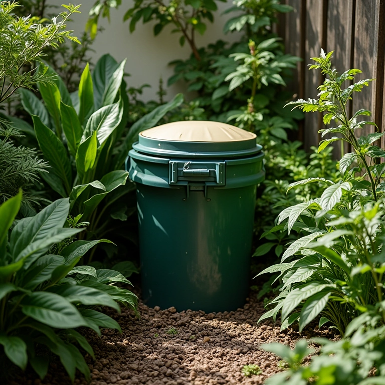 Composteira posicionada em local estratégico no jardim.