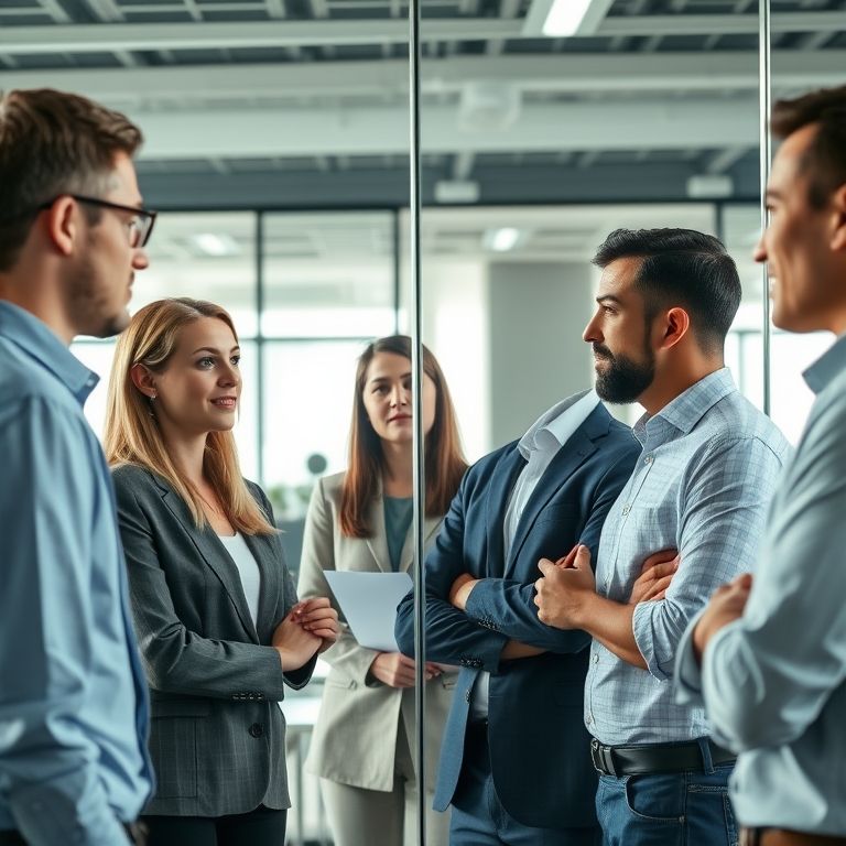 Comunicação transparente em equipe moderna. Espaço aberto, paredes de vidro.