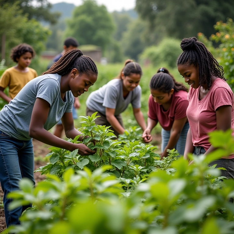 Comunidade cultivando um jardim juntos, representando a construção de um sistema mais justo.