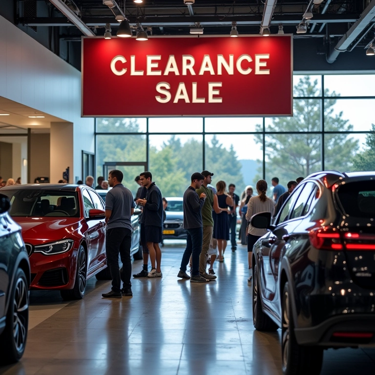 Concessionária com banner de 'Queima de Estoque' em janeiro.