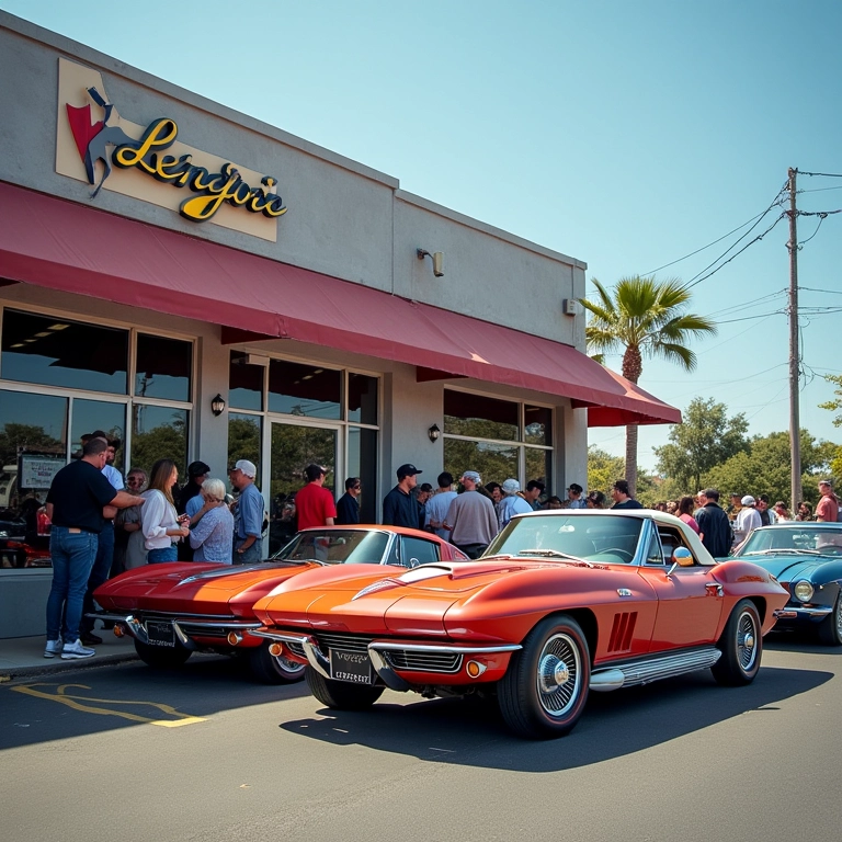 Concessionária especializada em carros clássicos, pessoas diversas olhando.