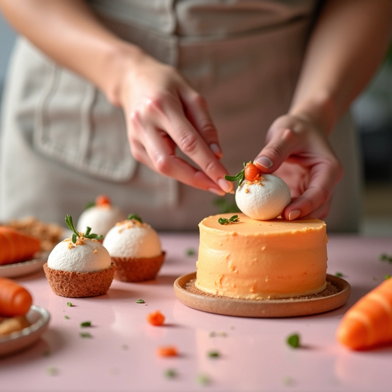 Confeiteira decorando bolos e doces para encomenda.