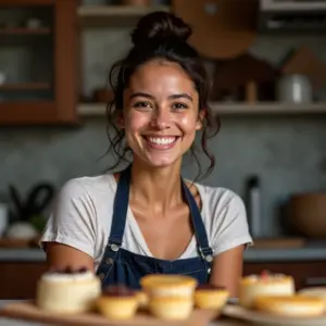 Confeiteiro Pode Se Registrar Como MEI Para Vender Doces Confeiteira sorrindo na cozinha, preparando doces como MEI.